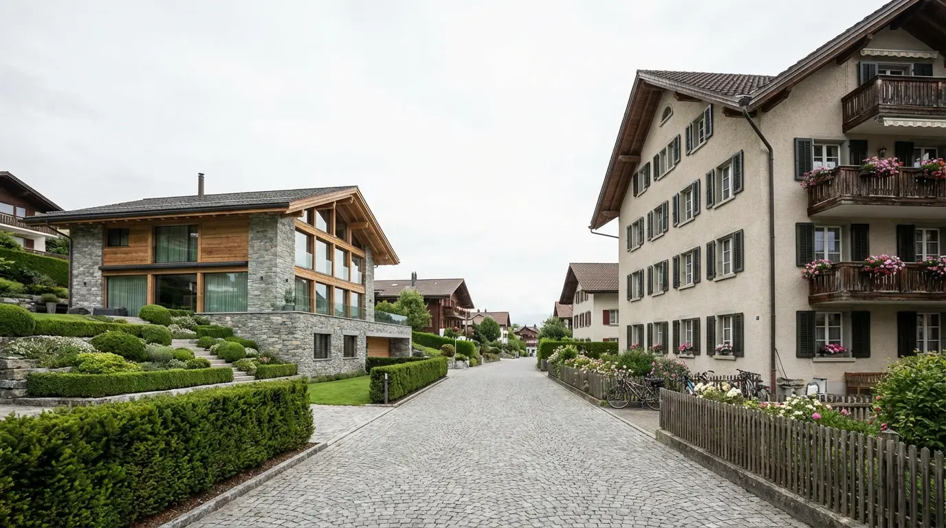 Schweizer Wohnstrasse mit unterschiedlichen Immobilientypen zeigt Preisvielfalt