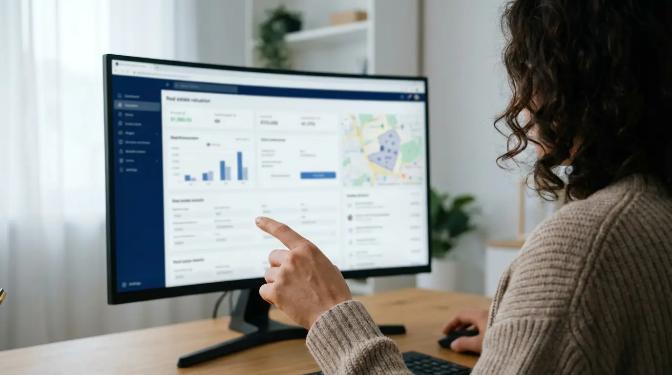 Person analysiert Immobiliendaten am Computer für Schweizer Marktübersicht
