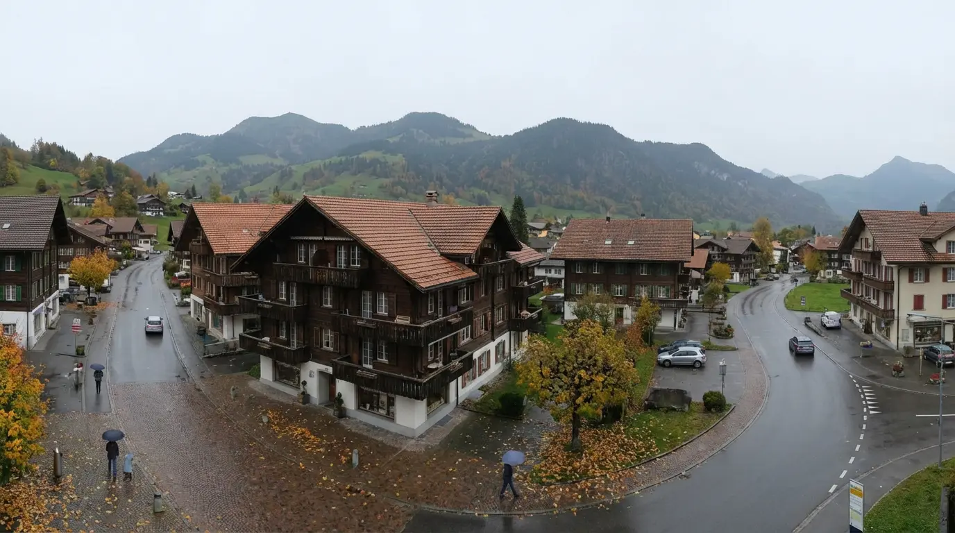 Schweizer Wohnquartier mit typischen Mehrfamilienhäusern und Bergpanorama im Hintergrund